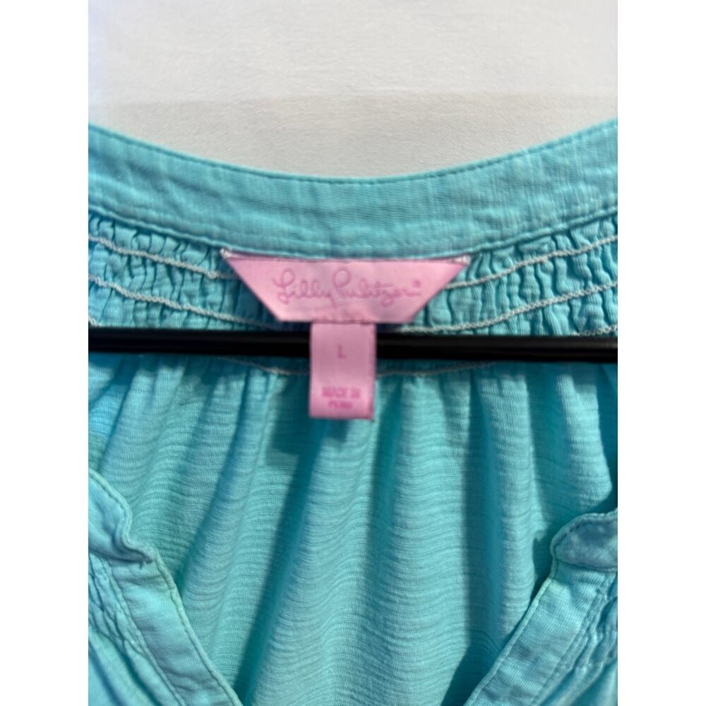 Lilly Pulitzer Womens Large Aqua Sleeveless Tank Top Smocked Yoke Henley Casual - Picture 2 of 12